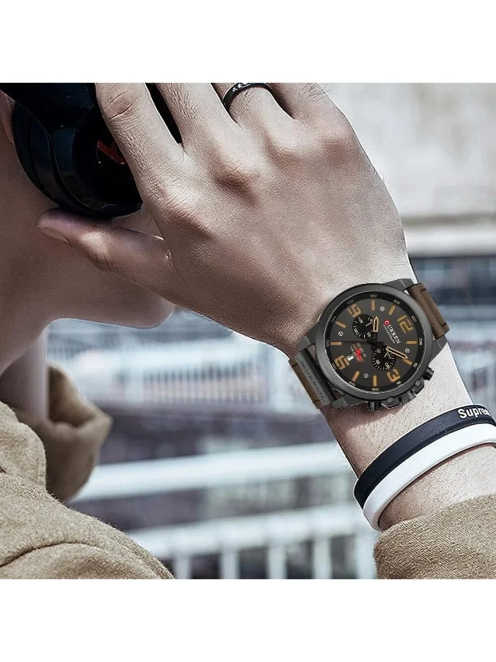 Mens Black And Coffee Analog Leather Strap Sandwich Dial Chronograph Wrist Watch